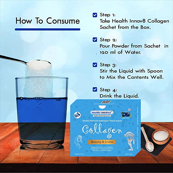 Health Innov8 Hydrolyzed Marine Collagen( 250gm )20 Sachet (Blueberry)