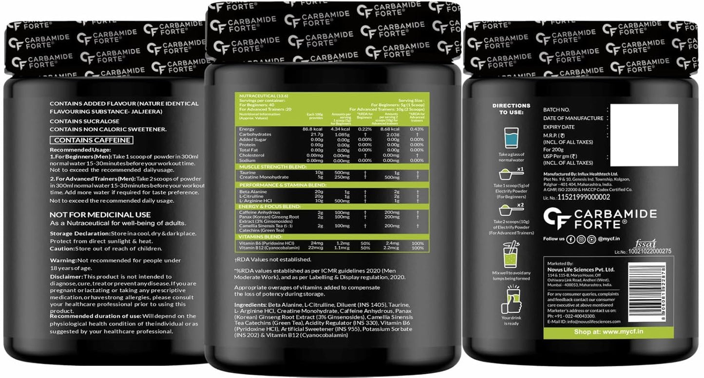 Carbamide Forte Pre Workout Powder | Pre Workout Supplement for Men and Women | Preworkout Supplement with Taurine & Creatine Monohydrate for Energy, Focus & Strength | 40 Servings - 200g