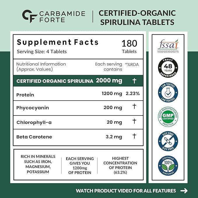 Carbamide Forte 100% Organic Spirulina Tablets 2000 mg Per Serving - Spirulina Powder Organic Tablets | Supports Energy, Immunity & Detox | Certified Spirulina Tablet - 180 Tablets