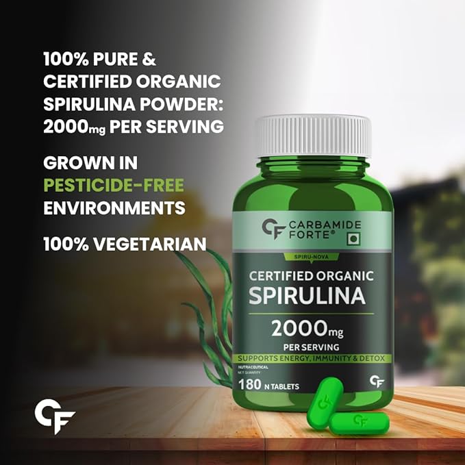 Carbamide Forte 100% Organic Spirulina Tablets 2000 mg Per Serving - Spirulina Powder Organic Tablets | Supports Energy, Immunity & Detox | Certified Spirulina Tablet - 180 Tablets