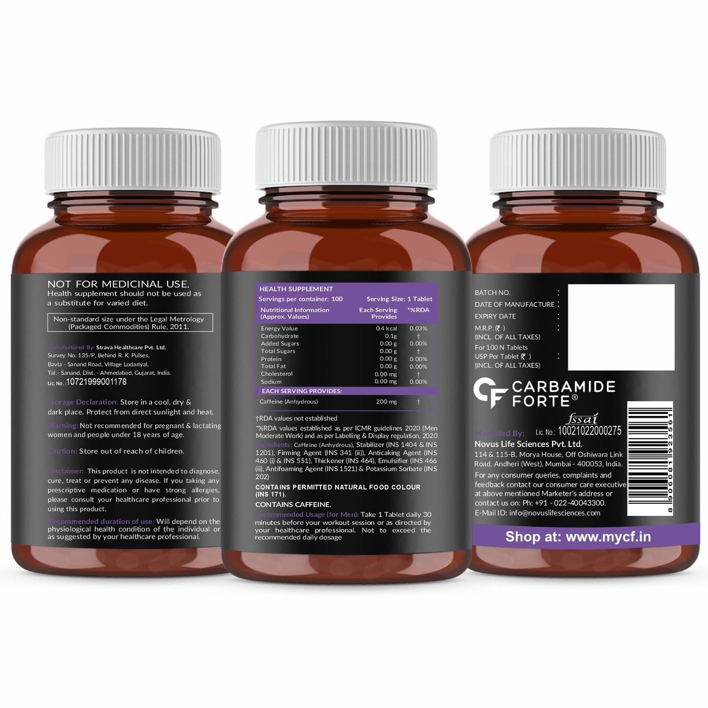 Carbamide Forte Caffeine Tablets | Pre Workout For Men & Women | 200mg Caffeine Pills | Gym Supplement for Men and Women | 100 Veg Tablets For Pre Workout