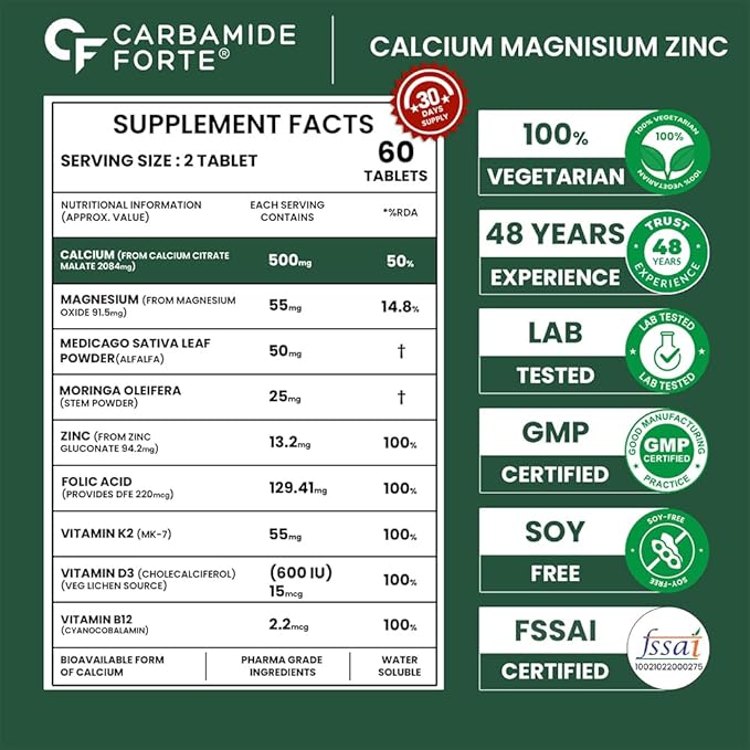 Carbamide Forte Calcium & Vitamin D3 Tablets | Calcium Tablets for Women & Man | Calcium Magnesium Zinc Tablets | Calcium Supplements for Men with Calcium Citrate, Calcium Tablet with Vitamin K2 MK7 & Vitamin B12