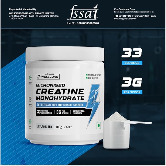 Wellcore Micronised Creatine Monohydrate,100% Pure Creatine (100 g, Unflavored)