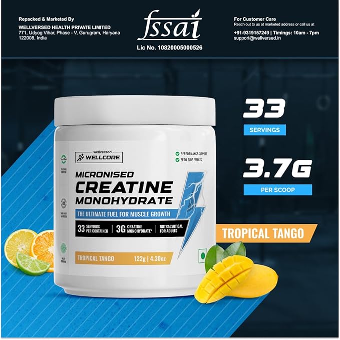 Wellcore - Pure Micronised Creatine Monohydrate (122G.33 Servings) | Rapid Absorption | Enhanced Muscle strength & Power, Powder, 1 count