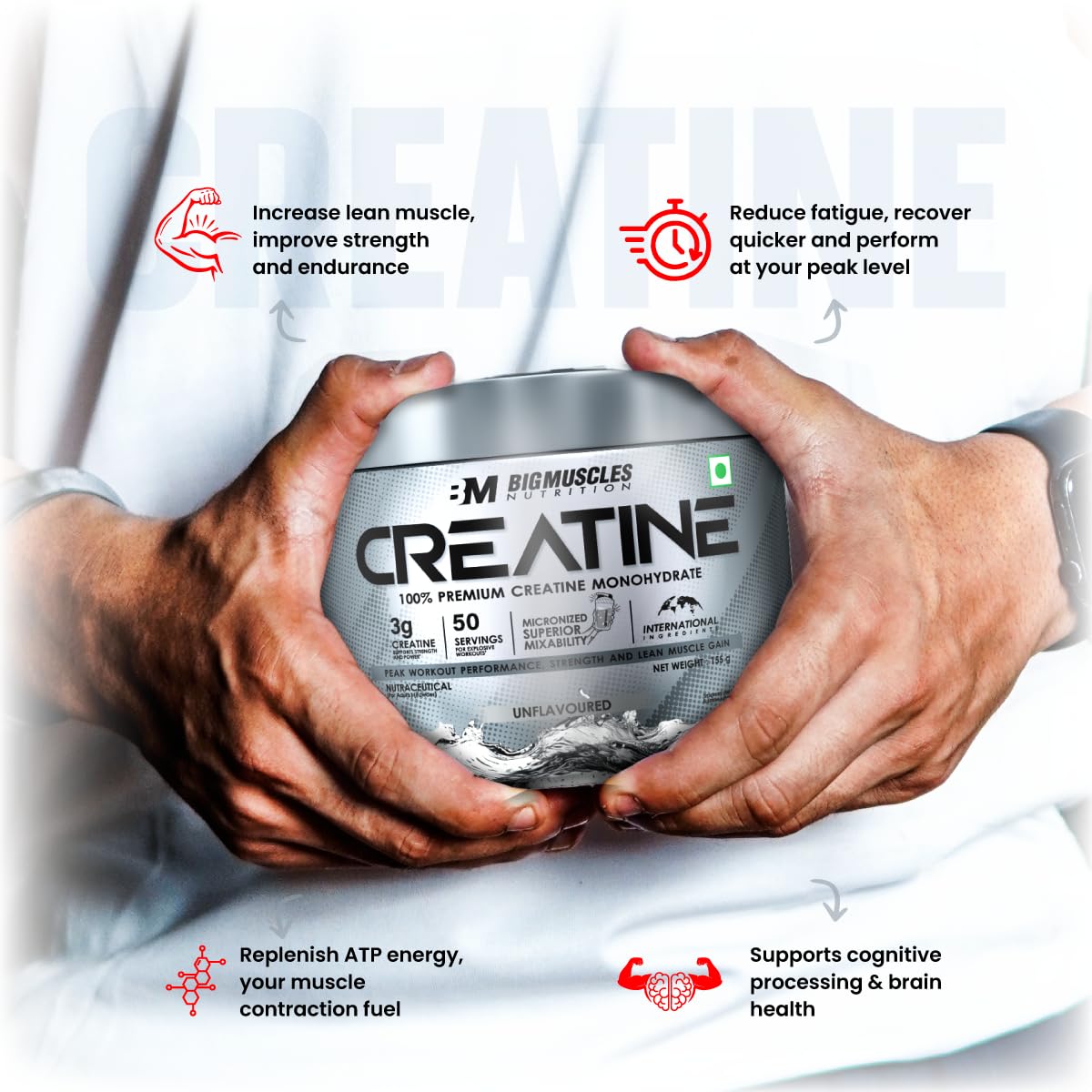 Bigmuscles Nutrition Creatine Powder [100 Grams, 33 Servings] | Micronized Creatine Monohydrate to Support Lean Muscle Repair & Recovery | Increase Strength and Athletic Performance