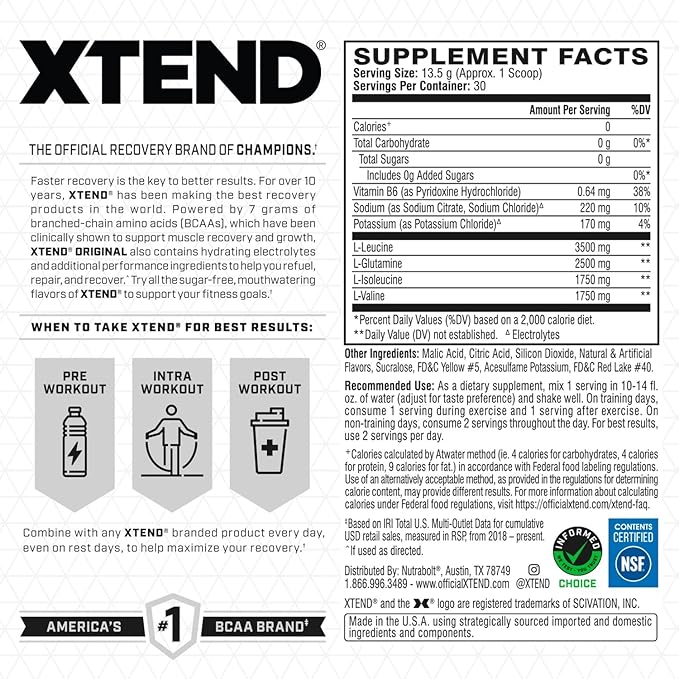 Scivation Xtend Original Bcaa Powder-Sugar Free Workout Muscle Recovery Drink With 7G Bcaa, Amino Acid Supplement With L Glutamine & Electrolytes-405 Gms(30 Servings)