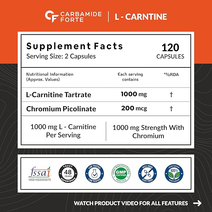 CF Carbamide Forte L Carnitine Supplement 1000mg Capsules for Men & Women | Pre Workout Supplement -Veg Capsules 120 Count