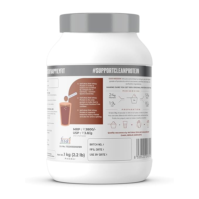 NATURALTEIN Natural Whey Protein 1 kg | Max Chocolate 24g | 24g Protein Per Serving | No Added Sugar | Sweetened with Stevia | Non-GMO | Soy-Free | Gluten-Free | Super Mixability | 100% Natural
