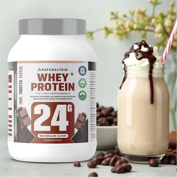 NATURALTEIN Natural Whey Protein 1 kg | Max Chocolate 24g | 24g Protein Per Serving | No Added Sugar | Sweetened with Stevia | Non-GMO | Soy-Free | Gluten-Free | Super Mixability | 100% Natural