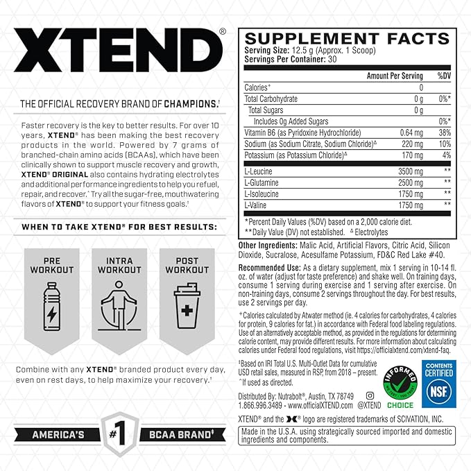 Scivation Xtend Original Bcaa Powder-Sugar Free Workout Muscle Recovery Drink With 7G Bcaa, Amino Acid Supplement With L Glutamine & Electrolytes-405 Gms(30 Servings)