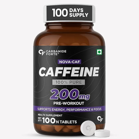 Carbamide Forte Caffeine Tablets | Pre Workout For Men & Women | 200mg Caffeine Pills | Gym Supplement for Men and Women | 100 Veg Tablets For Pre Workout