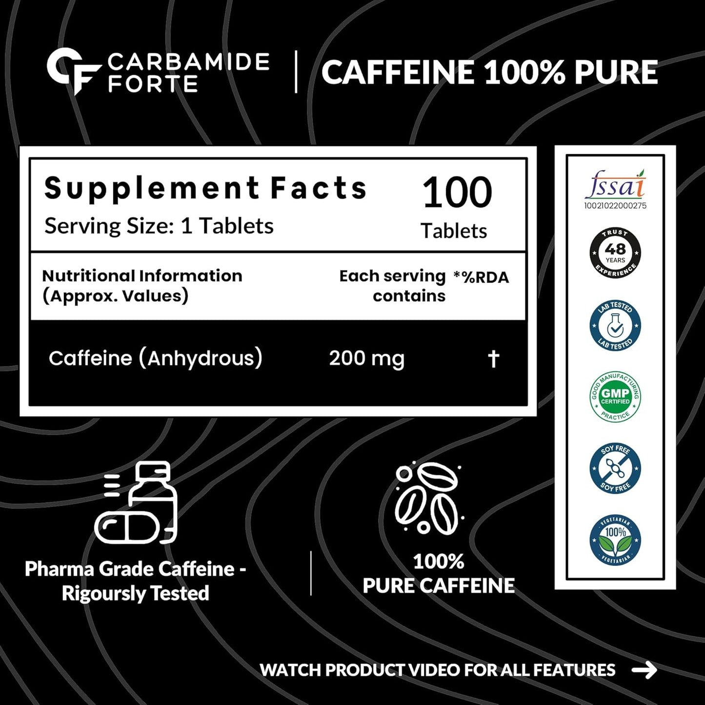 Carbamide Forte Caffeine Tablets | Pre Workout For Men & Women | 200mg Caffeine Pills | Gym Supplement for Men and Women | 100 Veg Tablets For Pre Workout