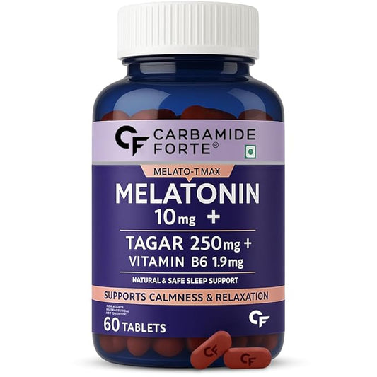 Carbamide Forte Melatonin 10 mg Sleeping Pills with Tagar 250 mg | Sleep Supplement for Men & Women | Melatonin Tablet for Restful Deep Sleeps - 60 Veg Tablets.