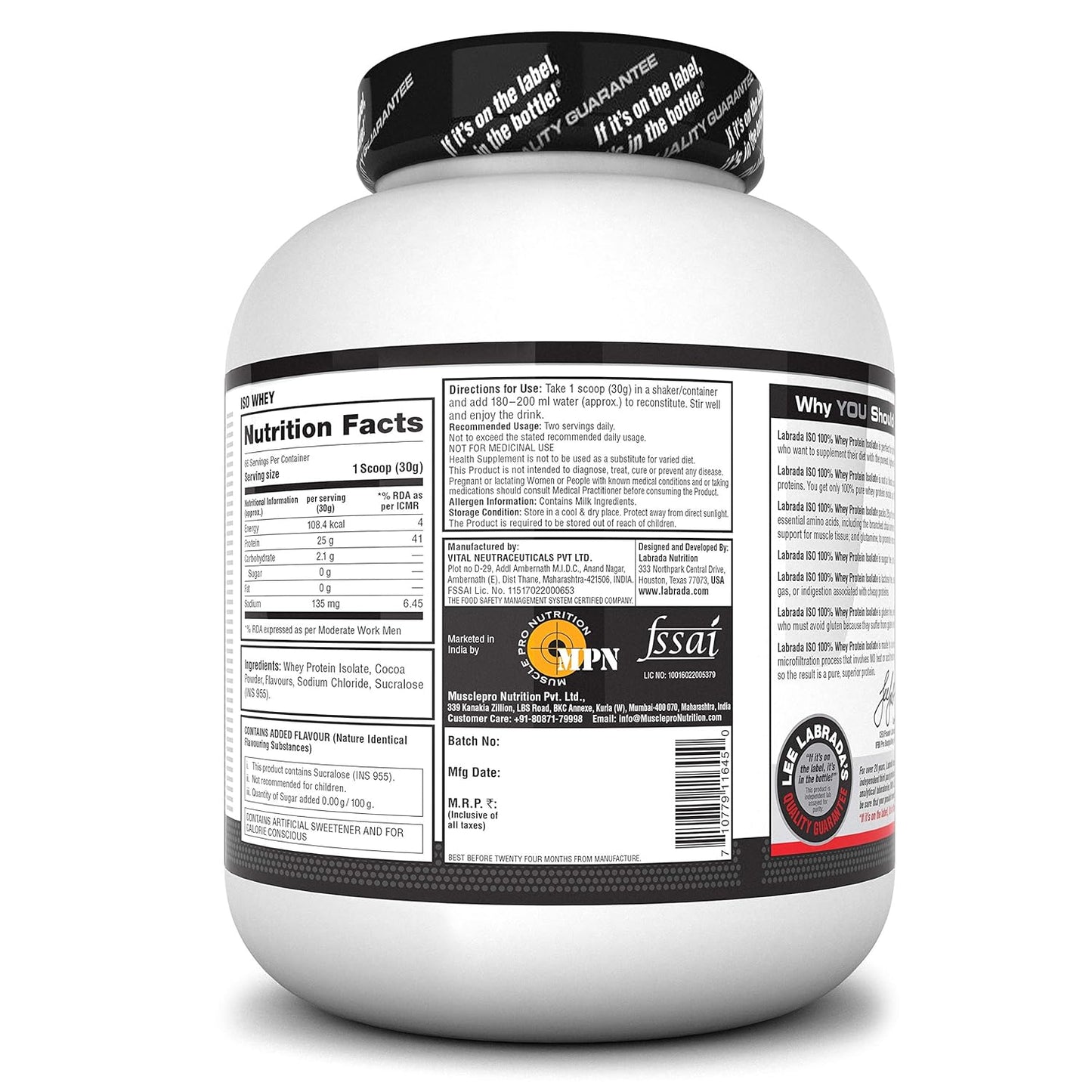 Labrada ISO WHEY 100% Whey Protein Isolate (Post Workout, 25g Protein, 0g Sugar,0 Fat,Gluten Free, Lactose Free, 66 Servings) - 4.4 lbs (2kg)