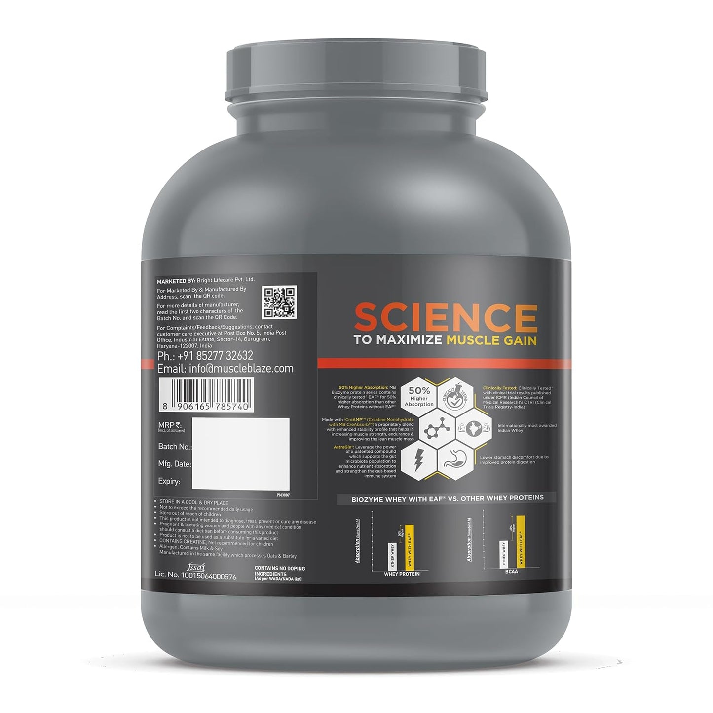 MuscleBlaze Biozyme Whey Protein PR Powder with 30g Protein, 3g Creatine Monohydrate & 50mg AstraGin (Cookies & Cream, 2kg / 4.4lbs) | Trustified Gold Certified