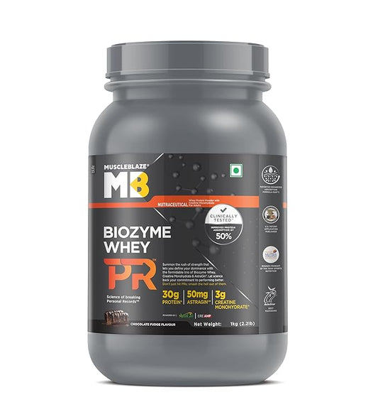 MuscleBlaze Biozyme Whey Protein PR Powder with 30g Protein, 3g Creatine Monohydrate & 50mg AstraGin (Chocolate Fudge, 1kg / 2.2lbs) | Trustified Gold Certified